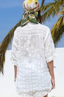 Beachly Mesh Shirt - Cotton Mesh Stripe Relaxed Button Down Shirt in White><noscript><img width=