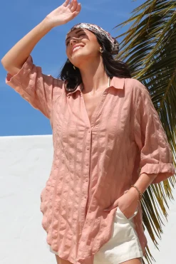 Beachly Mesh Shirt - Cotton Mesh Stripe Relaxed Button Down Shirt in Blush>Salty Crush Best