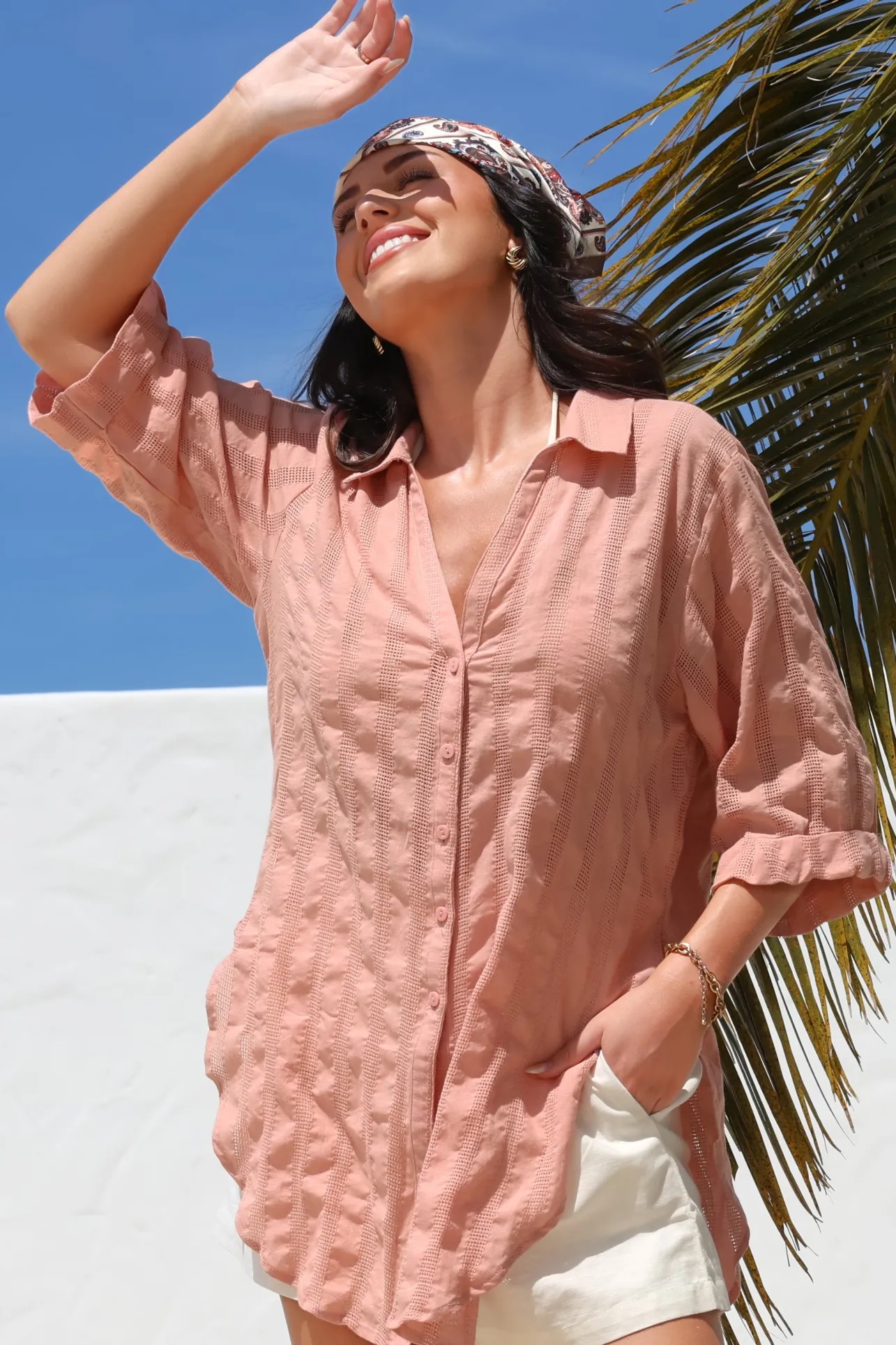 Beachly Mesh Shirt - Cotton Mesh Stripe Relaxed Button Down Shirt in Blush>Salty Crush Best