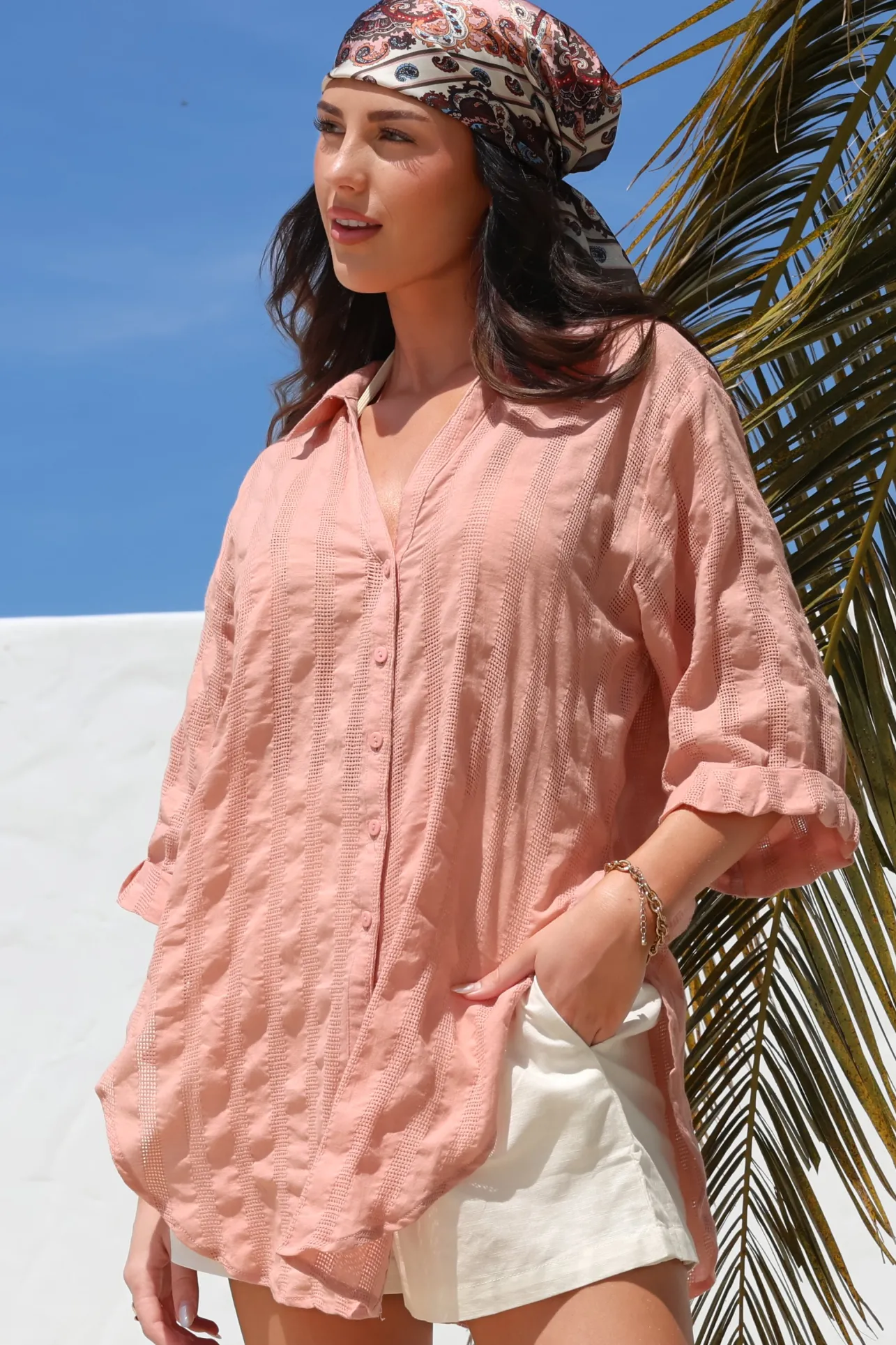Beachly Mesh Shirt - Cotton Mesh Stripe Relaxed Button Down Shirt in Blush>Salty Crush Best