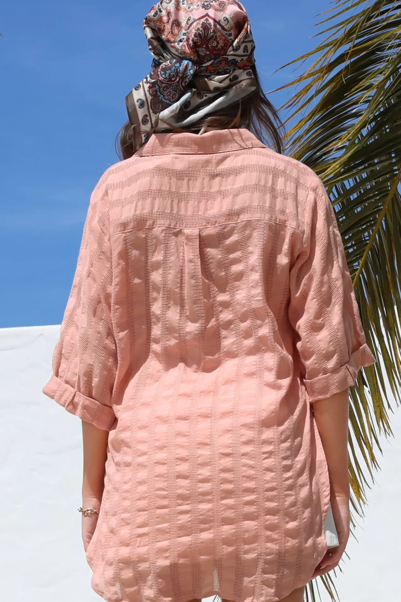 Beachly Mesh Shirt - Cotton Mesh Stripe Relaxed Button Down Shirt in Blush>Salty Crush Best
