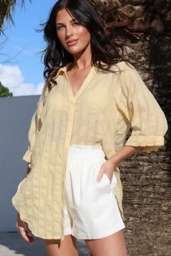 Beachly Mesh Shirt - Cotton Mesh Stripe Relaxed Button Down Shirt in Yellow>Salty Crush Sale