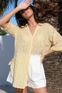 Beachly Mesh Shirt - Cotton Mesh Stripe Relaxed Button Down Shirt in Yellow><noscript><img width=