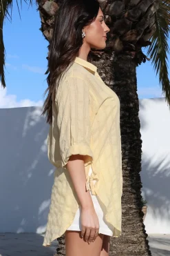 Beachly Mesh Shirt - Cotton Mesh Stripe Relaxed Button Down Shirt in Yellow><noscript><img width=