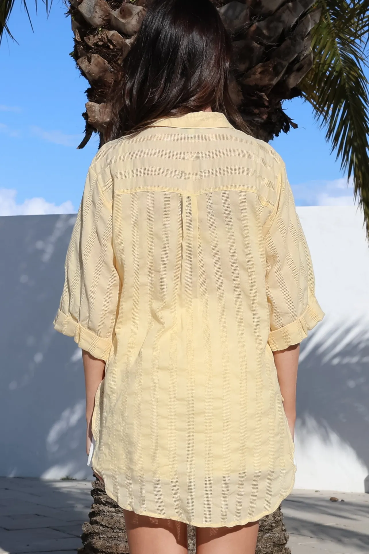 Beachly Mesh Shirt - Cotton Mesh Stripe Relaxed Button Down Shirt in Yellow>Salty Crush Sale
