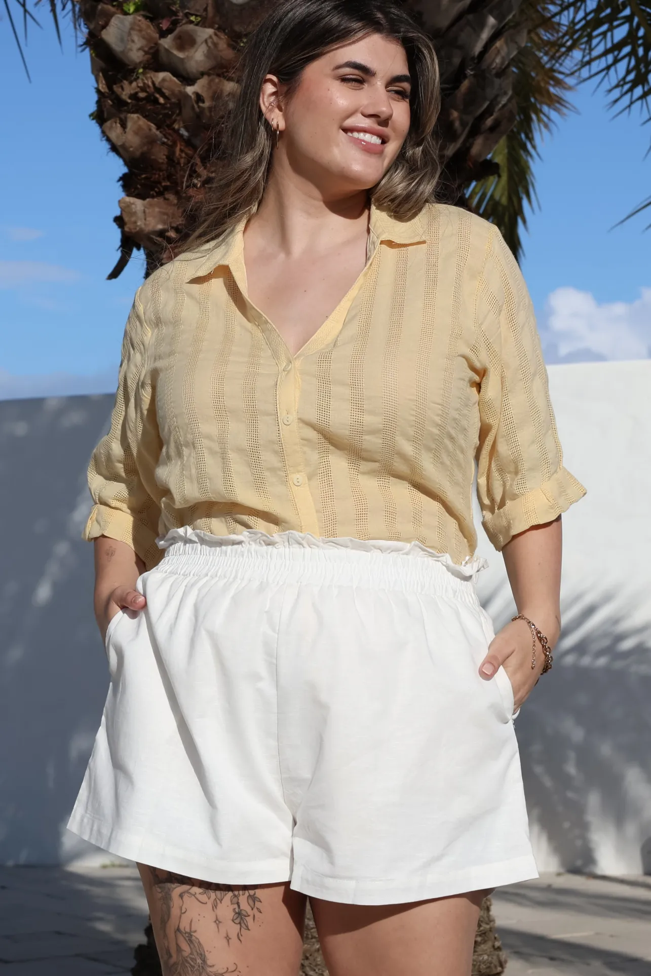 Beachly Mesh Shirt - Cotton Mesh Stripe Relaxed Button Down Shirt in Yellow>Salty Crush Sale