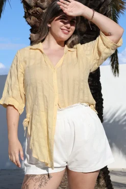 Beachly Mesh Shirt - Cotton Mesh Stripe Relaxed Button Down Shirt in Yellow><noscript><img width=