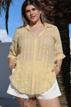 Beachly Mesh Shirt - Cotton Mesh Stripe Relaxed Button Down Shirt in Yellow><noscript><img width=