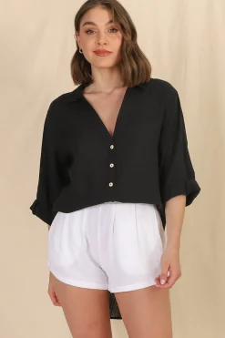 Beachly Shirt - Folded Collar Button Down Relaxed Shirt In Black><noscript><img width=