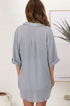 Beachly Shirt - Folded Collar Button Down Relaxed Shirt In Cloudy Blue><noscript><img width=