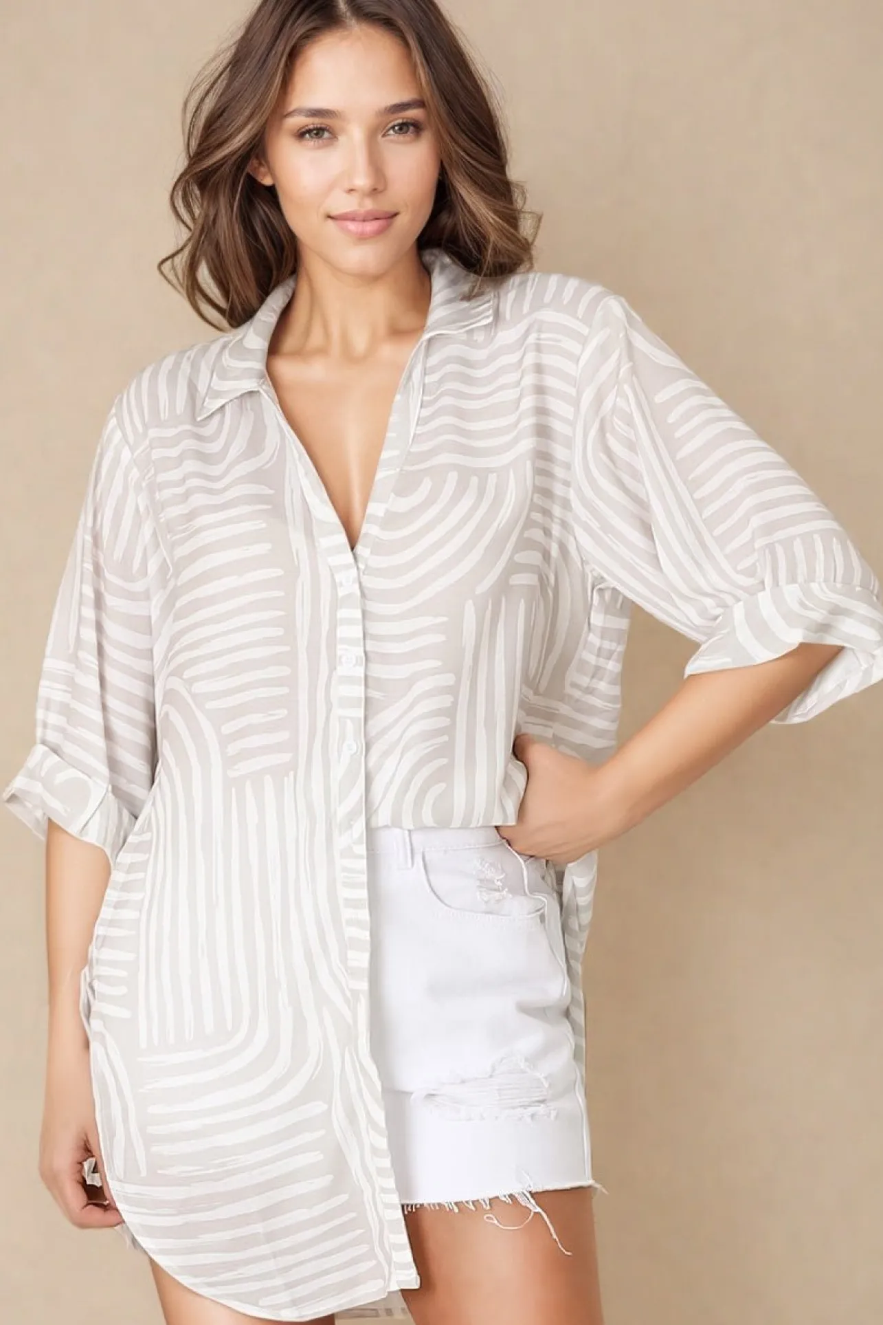 Beachly Shirt - Folded Collar Button Down Relaxed Shirt in Hansel Print>Salty Crush New