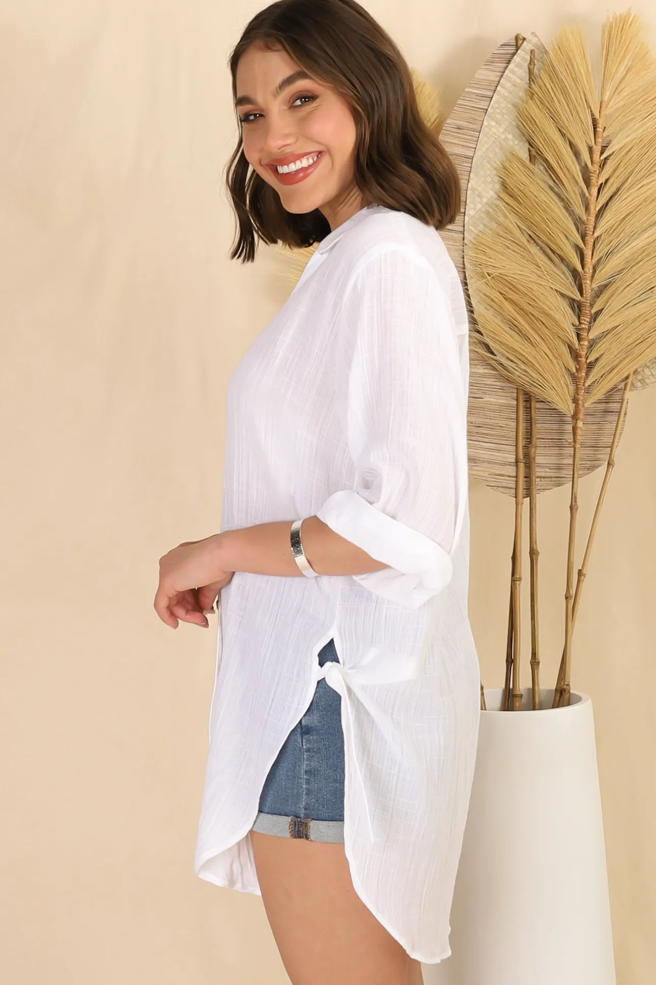 Beachly Shirt - Folded Collar Button Down Relaxed Shirt In White>Salty Crush