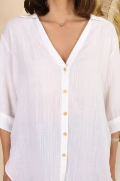 Beachly Shirt - Folded Collar Button Down Relaxed Shirt In White><noscript><img width=