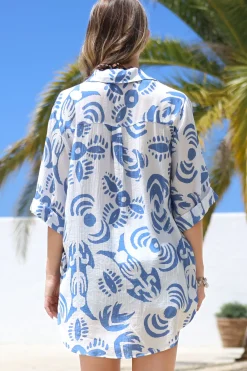 Beachly Shirt - Folded Collar Button Down Relaxed Shirt In Shillie Print Blue><noscript><img width=