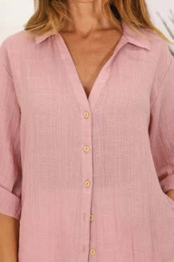 Beachly Shirt - Folded Collar Button Down Relaxed Shirt In Blush><noscript><img width=