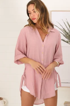 Beachly Shirt - Folded Collar Button Down Relaxed Shirt In Blush><noscript><img width=