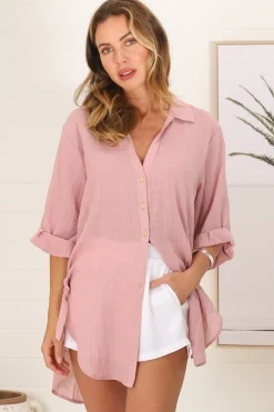 Beachly Shirt - Folded Collar Button Down Relaxed Shirt In Blush><noscript><img width=