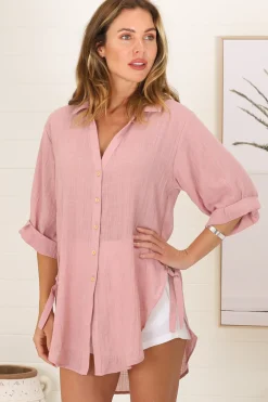 Beachly Shirt - Folded Collar Button Down Relaxed Shirt In Blush><noscript><img width=