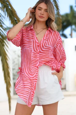 Beachly Shirt - Folded Collar Button Down Relaxed Shirt in Hansel Print Pink>Salty Crush Best