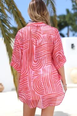 Beachly Shirt - Folded Collar Button Down Relaxed Shirt in Hansel Print Pink><noscript><img width=