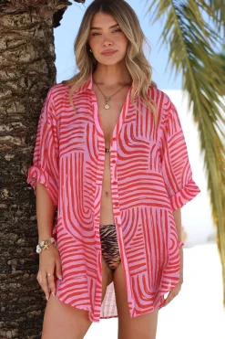 Beachly Shirt - Folded Collar Button Down Relaxed Shirt in Hansel Print Pink><noscript><img width=