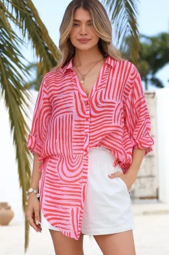 Beachly Shirt - Folded Collar Button Down Relaxed Shirt in Hansel Print Pink><noscript><img width=