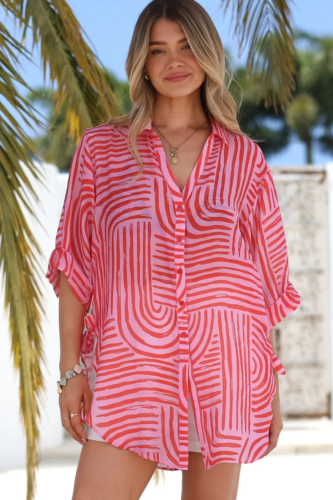 Beachly Shirt - Folded Collar Button Down Relaxed Shirt in Hansel Print Pink>Salty Crush Best