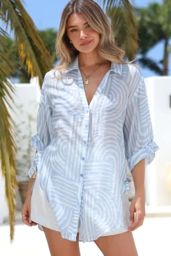 Beachly Shirt - Folded Collar Button Down Relaxed Shirt in Hansel Print Sky Blue><noscript><img width=