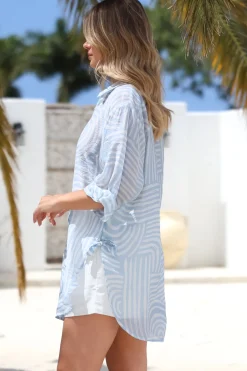 Beachly Shirt - Folded Collar Button Down Relaxed Shirt in Hansel Print Sky Blue><noscript><img width=