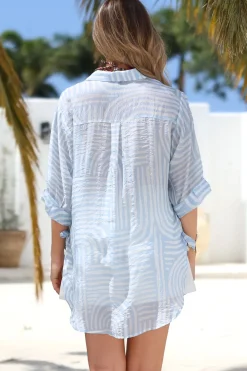 Beachly Shirt - Folded Collar Button Down Relaxed Shirt in Hansel Print Sky Blue><noscript><img width=