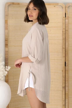 Beachly Shirt - Folded Collar Button Down Relaxed Shirt In Stone><noscript><img width=