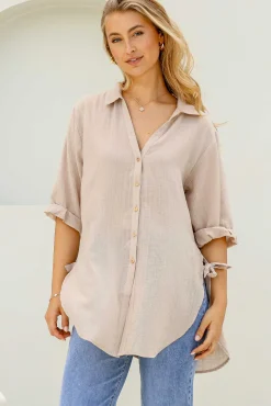 Beachly Shirt - Folded Collar Button Down Relaxed Shirt In Stone><noscript><img width=