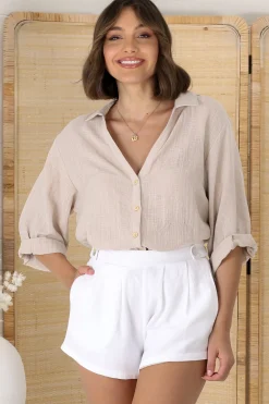 Beachly Shirt - Folded Collar Button Down Relaxed Shirt In Stone><noscript><img width=