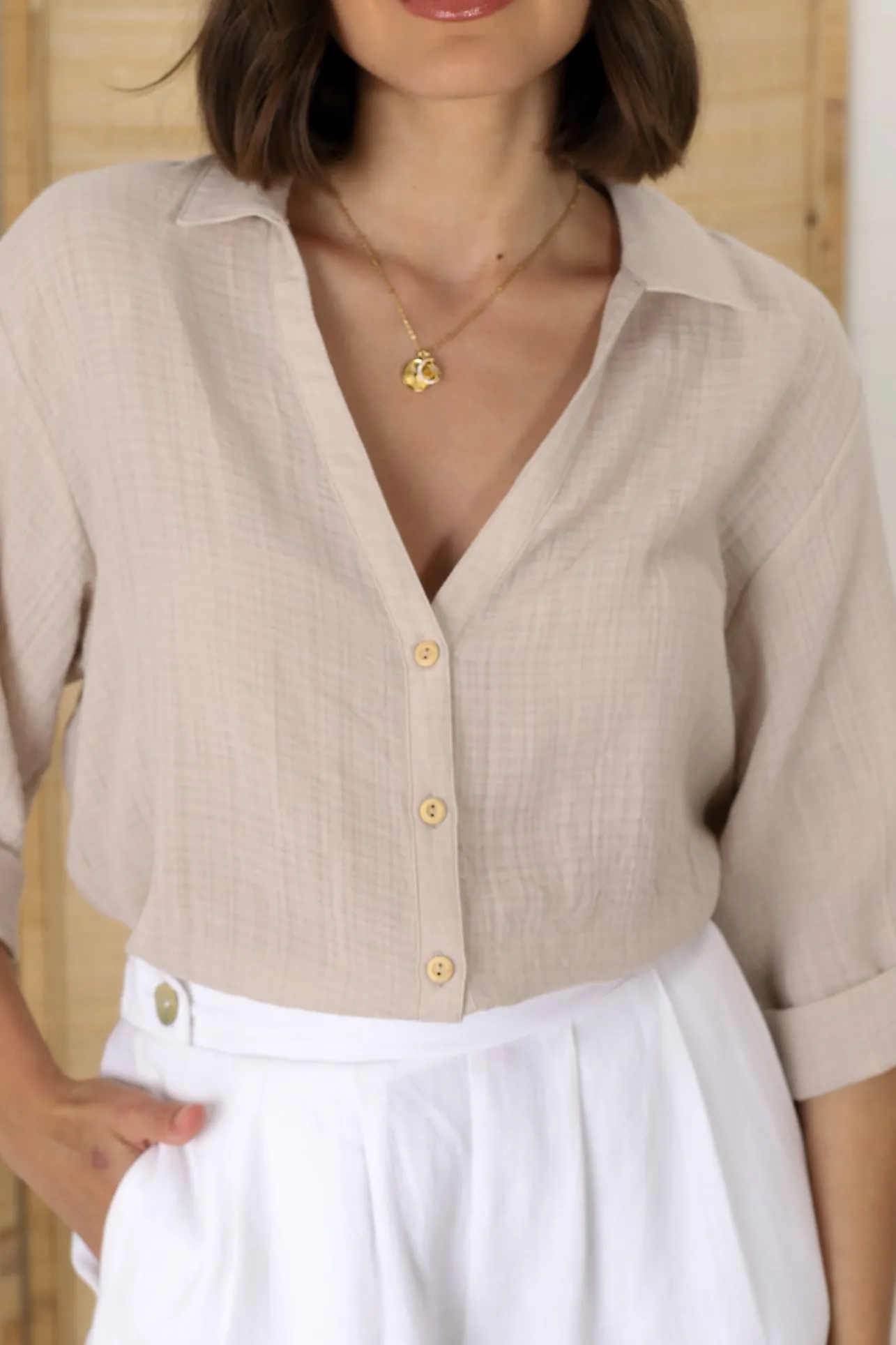 Beachly Shirt - Folded Collar Button Down Relaxed Shirt In Stone>Salty Crush Hot