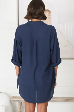 Beachly Shirt - Folded Collar Button Down Relaxed Shirt In Navy><noscript><img width=