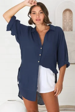 Beachly Shirt - Folded Collar Button Down Relaxed Shirt In Navy><noscript><img width=