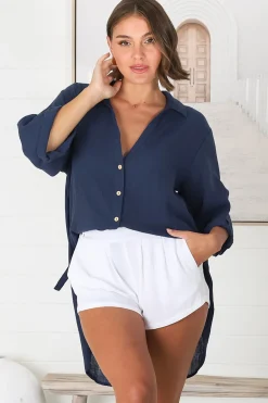 Beachly Shirt - Folded Collar Button Down Relaxed Shirt In Navy><noscript><img width=