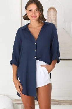 Beachly Shirt - Folded Collar Button Down Relaxed Shirt In Navy><noscript><img width=