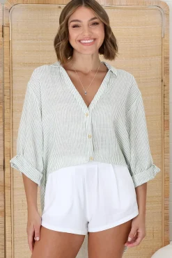 Beachly Stripe Shirt - Pin Stripe Relaxed Button Down Shirt in Green><noscript><img width=
