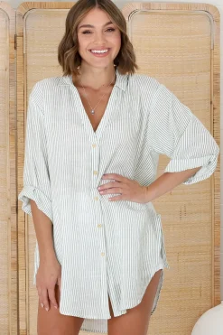 Beachly Stripe Shirt - Pin Stripe Relaxed Button Down Shirt in Green><noscript><img width=