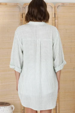 Beachly Stripe Shirt - Pin Stripe Relaxed Button Down Shirt in Green><noscript><img width=