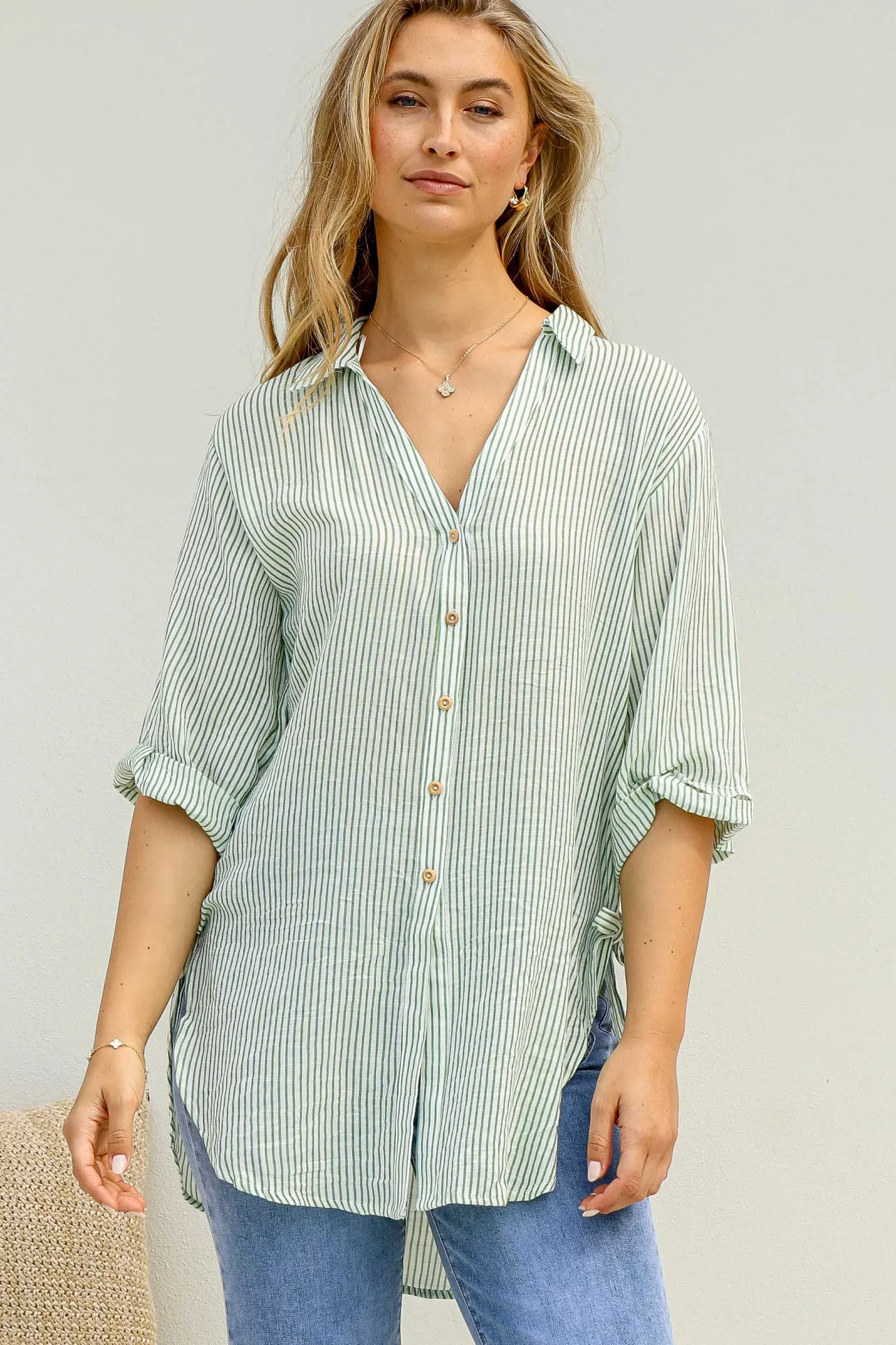 Beachly Stripe Shirt - Pin Stripe Relaxed Button Down Shirt in Green>Salty Crush Outlet