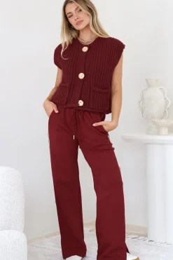 Beckham Pants - High Waisted Sports Stripe Pants in Burgandy>Salty Crush