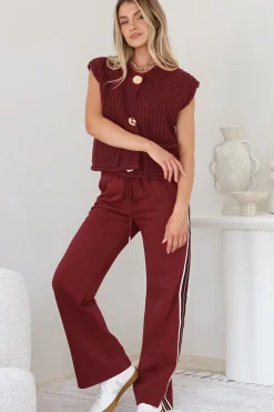 Beckham Pants - High Waisted Sports Stripe Pants in Burgandy><noscript><img width=