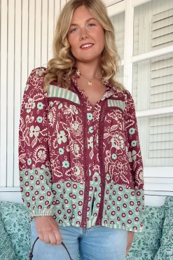 Bee Blouse - Lace Decal Button Down Long Sleeve Blouse in Athena Print><noscript><img width=