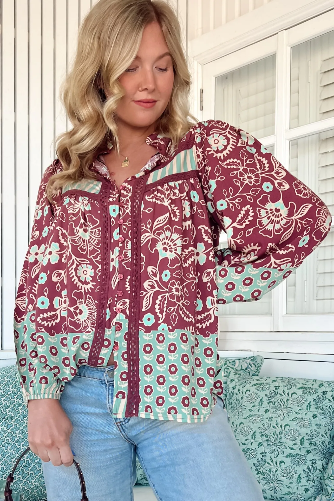 Bee Blouse - Lace Decal Button Down Long Sleeve Blouse in Athena Print>Jaase Online
