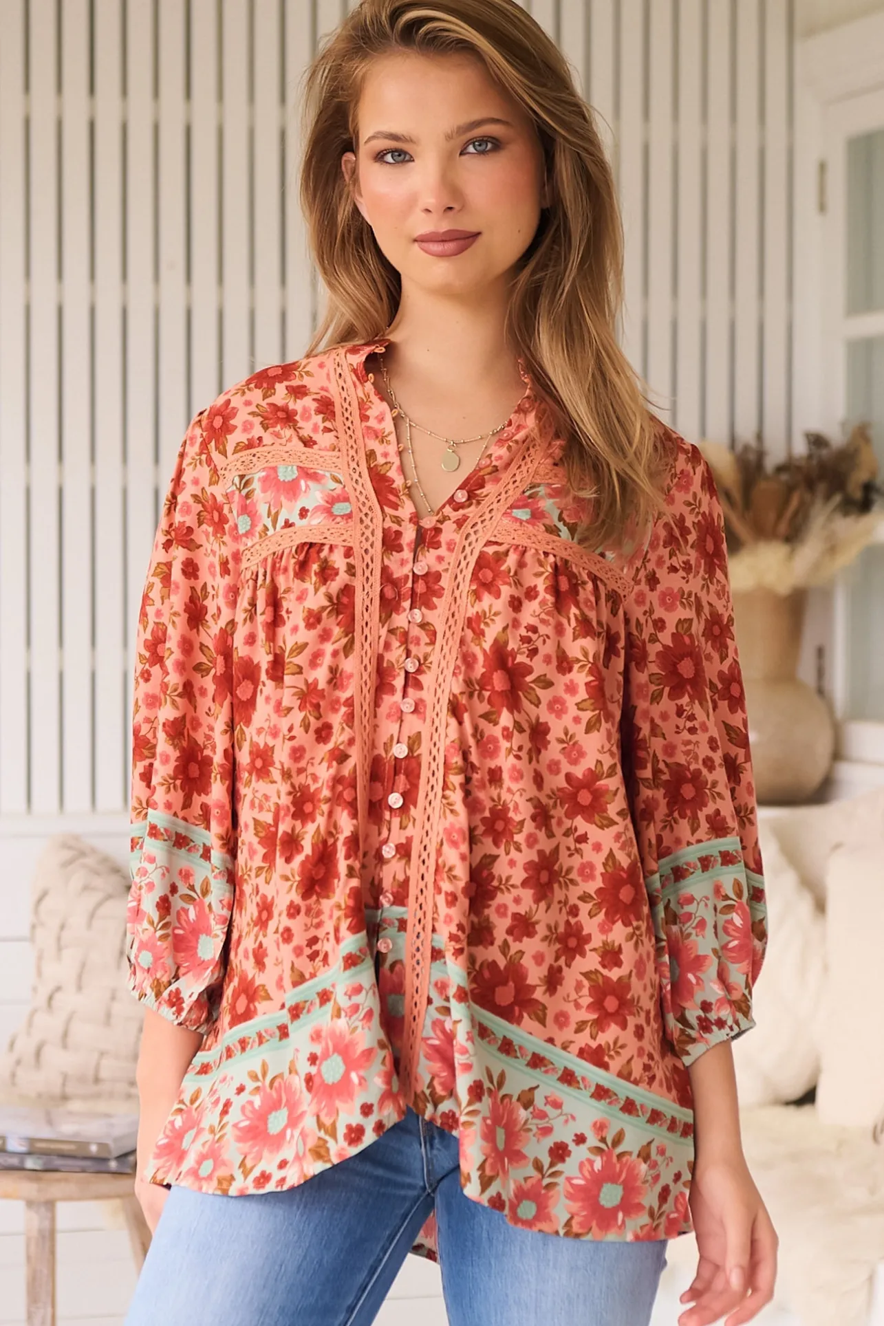 Bee Blouse - Lace Decal Button Down 3/4 Sleeve Blouse in Lillianna Print>Jaase Discount