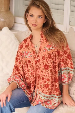 Bee Blouse - Lace Decal Button Down 3/4 Sleeve Blouse in Lillianna Print>Jaase Discount
