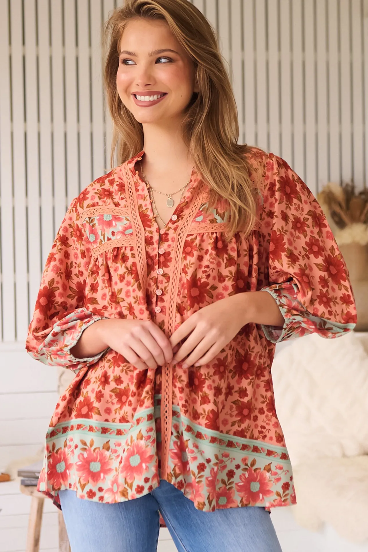 Bee Blouse - Lace Decal Button Down 3/4 Sleeve Blouse in Lillianna Print>Jaase Discount