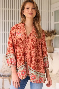 Bee Blouse - Lace Decal Button Down 3/4 Sleeve Blouse in Lillianna Print><noscript><img width=